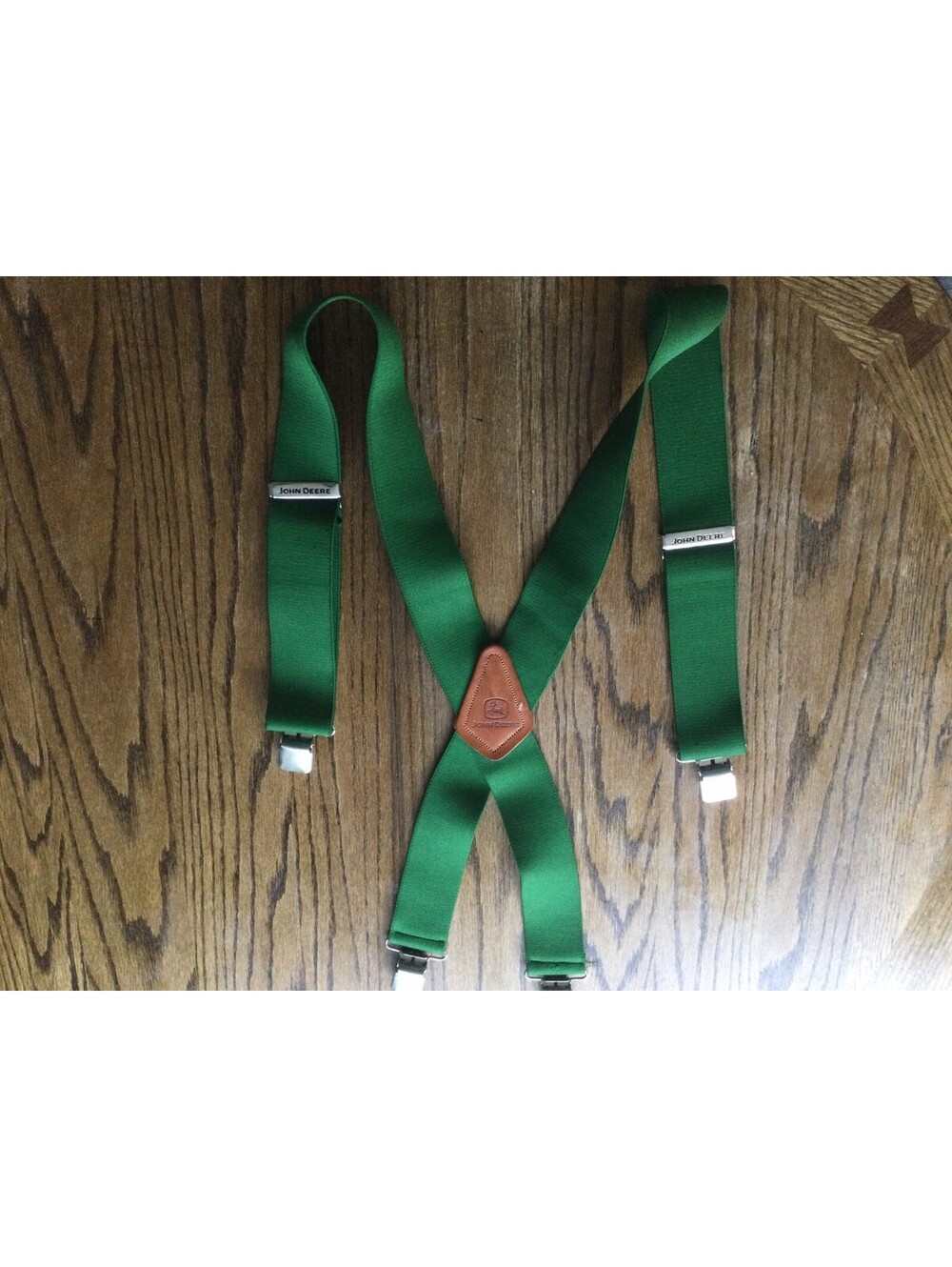 John Deere Leather Patch Adult Clip Suspenders. Green 2" wide sturdy elastic sil